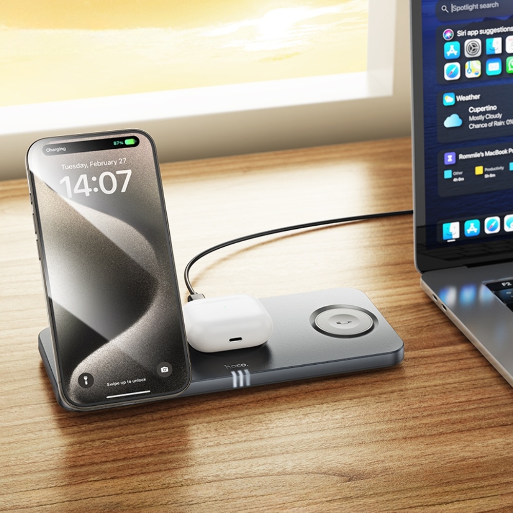 Беспроводное зарядное устройство Hoco CQ22 3в1 магнитное metal gray
