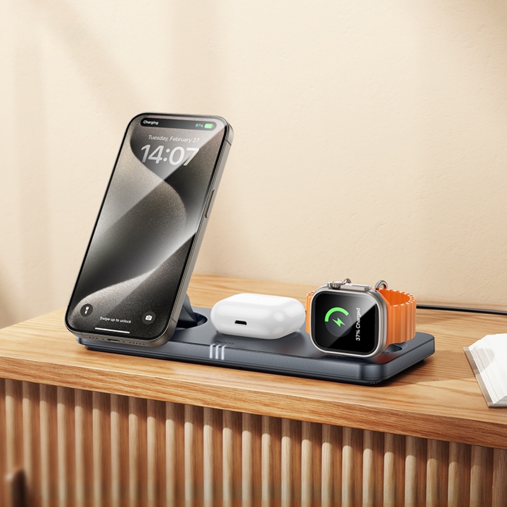 Беспроводное зарядное устройство Hoco CQ22 3в1 магнитное metal gray
