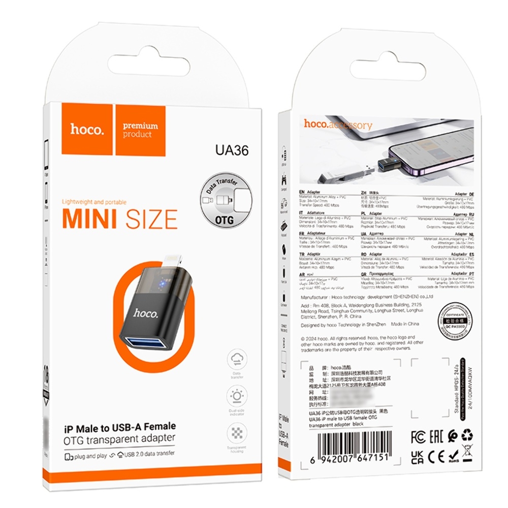 Адаптер переходник Hoco UA36 Lightning to USB black