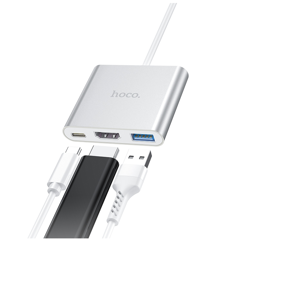 Мультиадаптер хаб Hoco HB14 Type-C to USB3.0+HDMI+PD серебристый