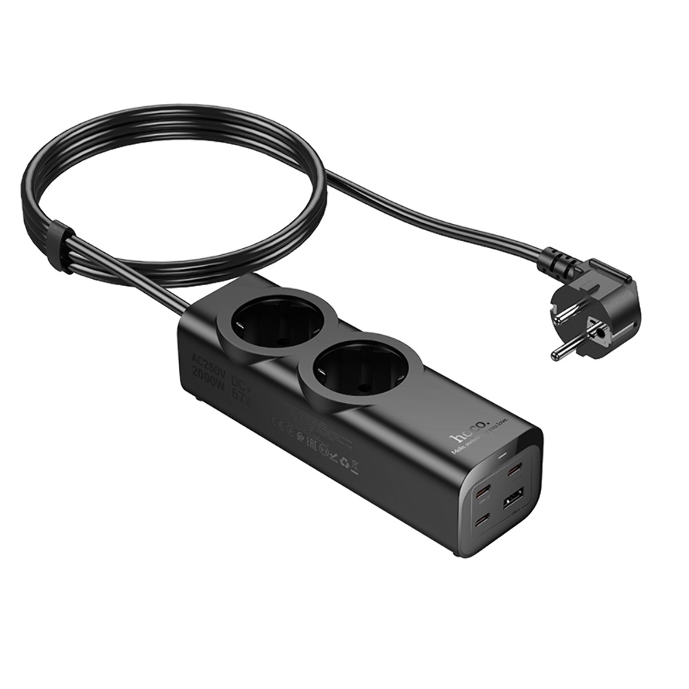 Сетевое зарядное устройство удлинитель Hoco NS10 USB/ 3 Type-C PD 67W 2 розетка 2m black