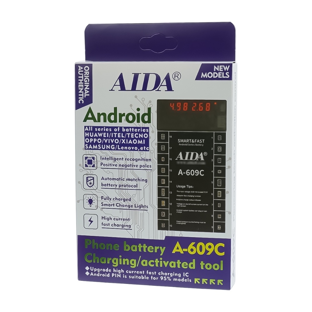 Плата активации и зарядки аккумуляторов Aida A-609C цифр. инд. (18 разъемов для тел. на Android; кабели Type-C/ USB A,Type-C/ штекеры БП)