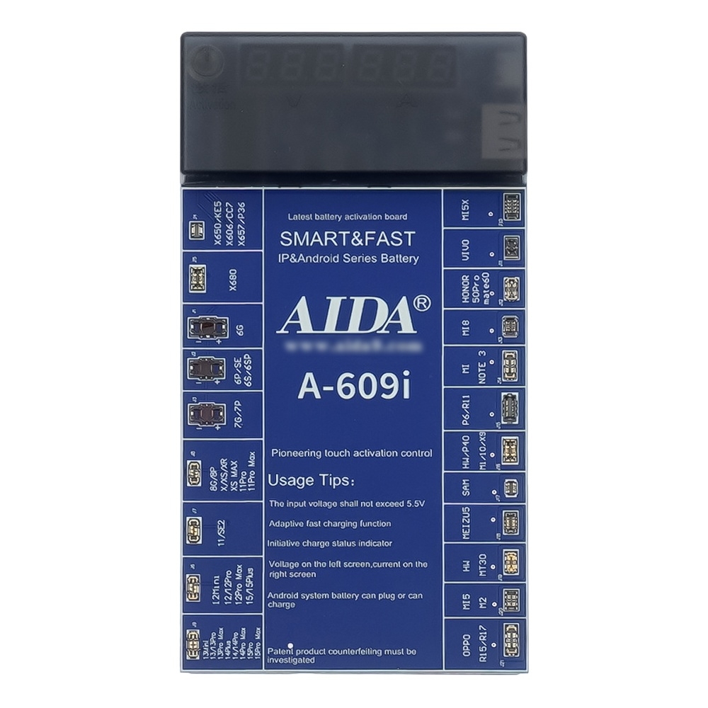 Плата активации и зарядки аккумуляторов Aida A-609i цифр. инд. (6G -15 Pro Max, HUA, OPPO, VIVO, MI, SAM, ZTE; кабели Type-C/ USB A/ штеккеры БП)