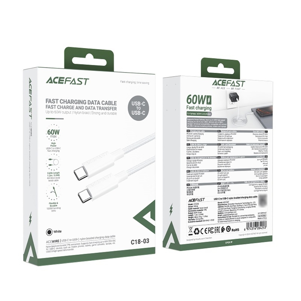 Кабель Acefast C18-03 Type-C to Type-C PD 1.2m white