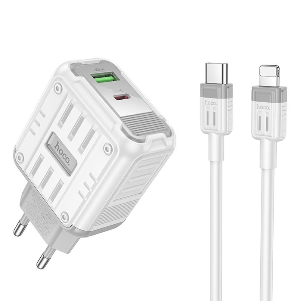 Сетевое зарядное устройство Hoco C136A USB/ Type-C PD 45W white + кабель Type-C to Lightning