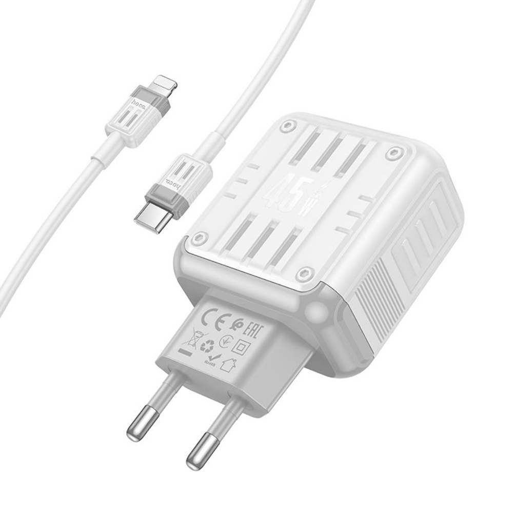 Сетевое зарядное устройство Hoco C136A USB/ Type-C PD 45W white + кабель Type-C to Lightning