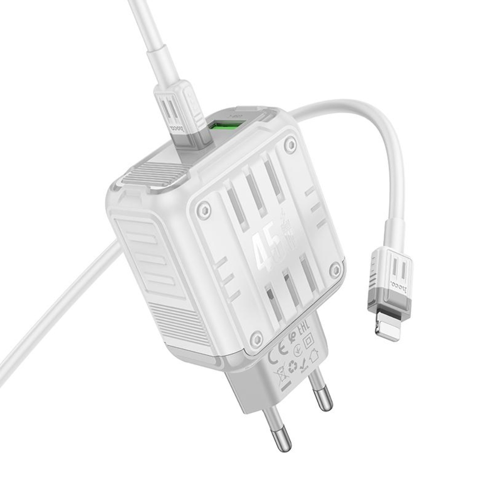 Сетевое зарядное устройство Hoco C136A USB/ Type-C PD 45W white + кабель Type-C to Lightning