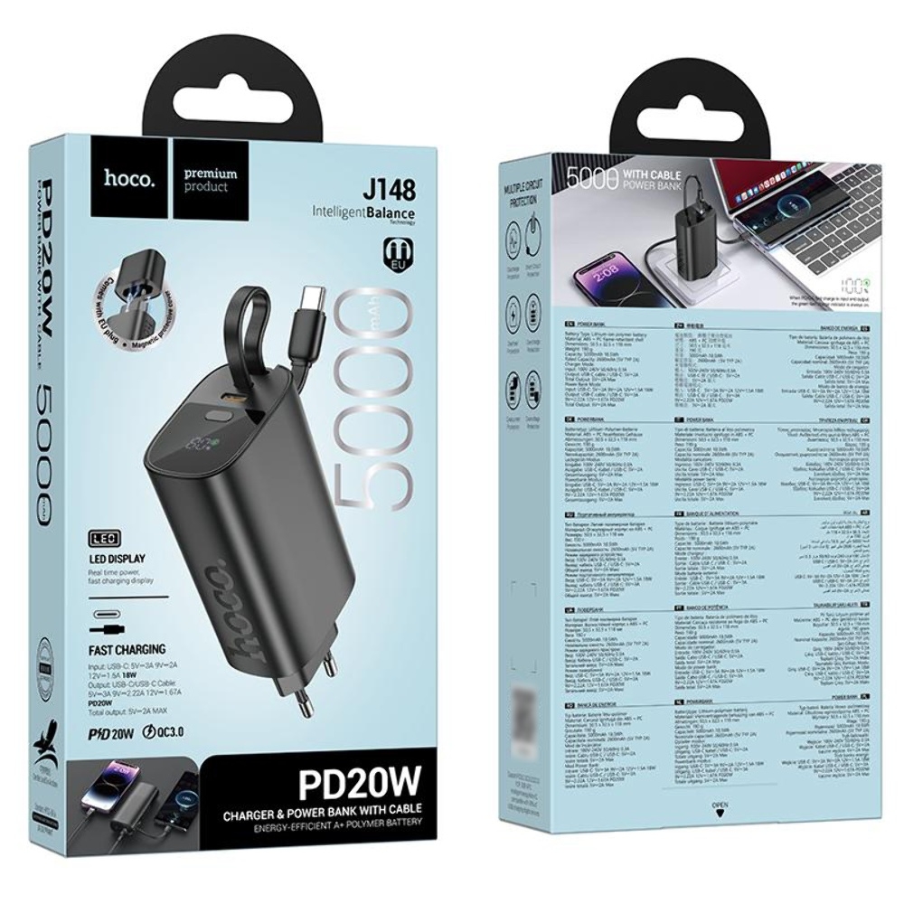 Сетевое зарядное устройство Hoco J148 со встроенным Power Bank 5000mAh PD 20W + кабель Type-C black