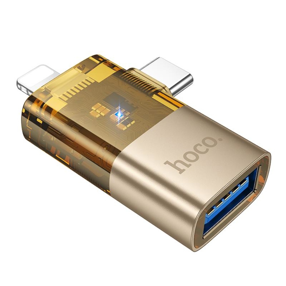 Адаптер переходник Hoco UA36E 2в1 Lightning/ Type-C to USB gold