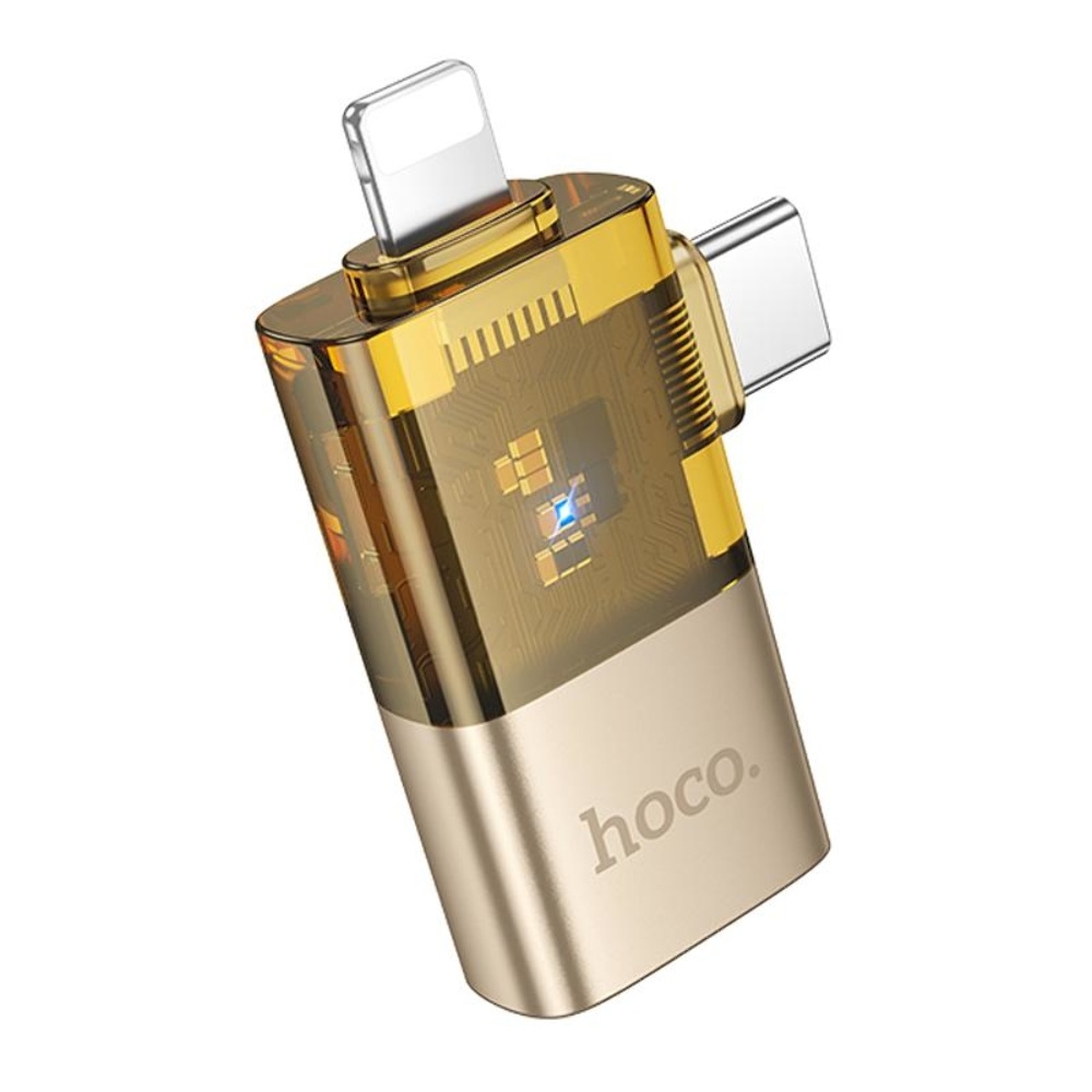 Адаптер переходник Hoco UA36E 2в1 Lightning/ Type-C to USB gold