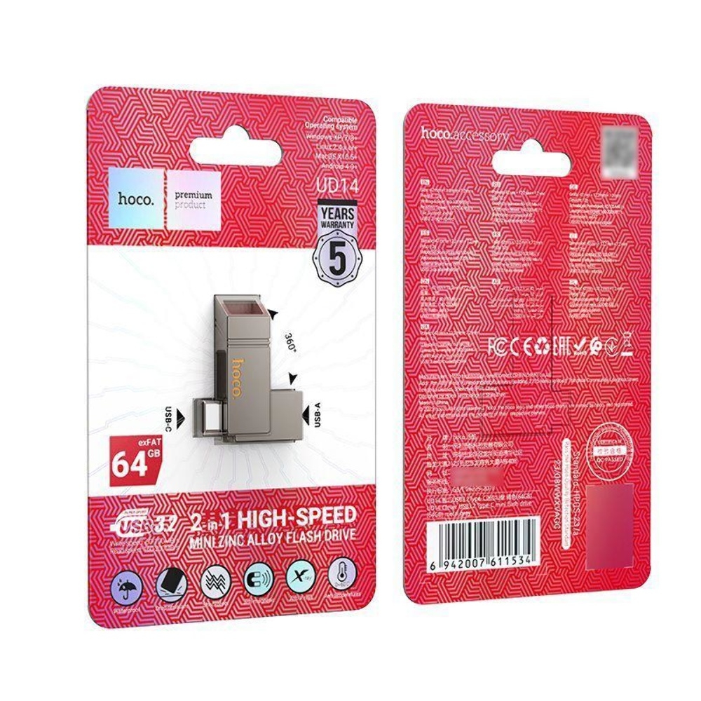 USB накопитель Hoco UD14 64GB Wise Type-C/ USB3.2 + mini flash drive metal gray