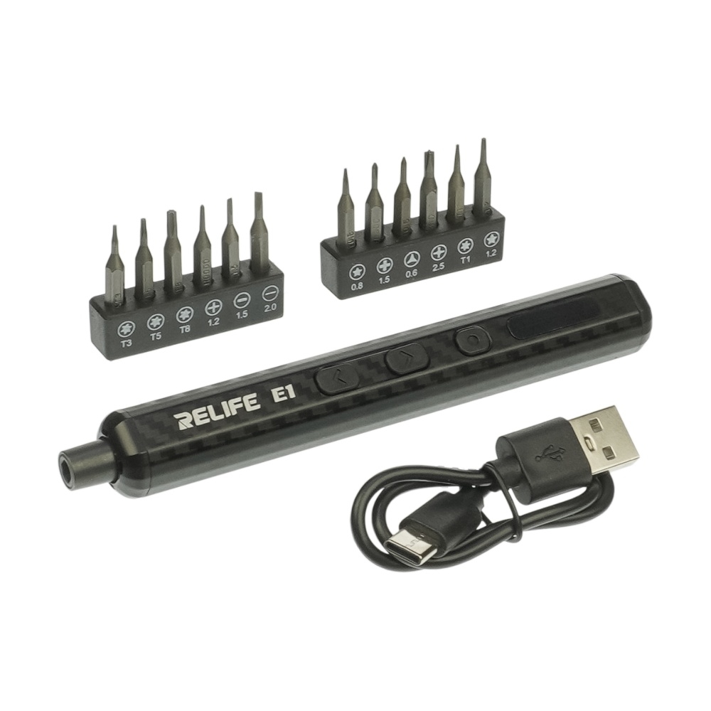 Аккумуляторная отвёртка Relife E1 Carbon c LED подсветкой и регулировкой крутящего момента (12 бит, USB-Type-C)