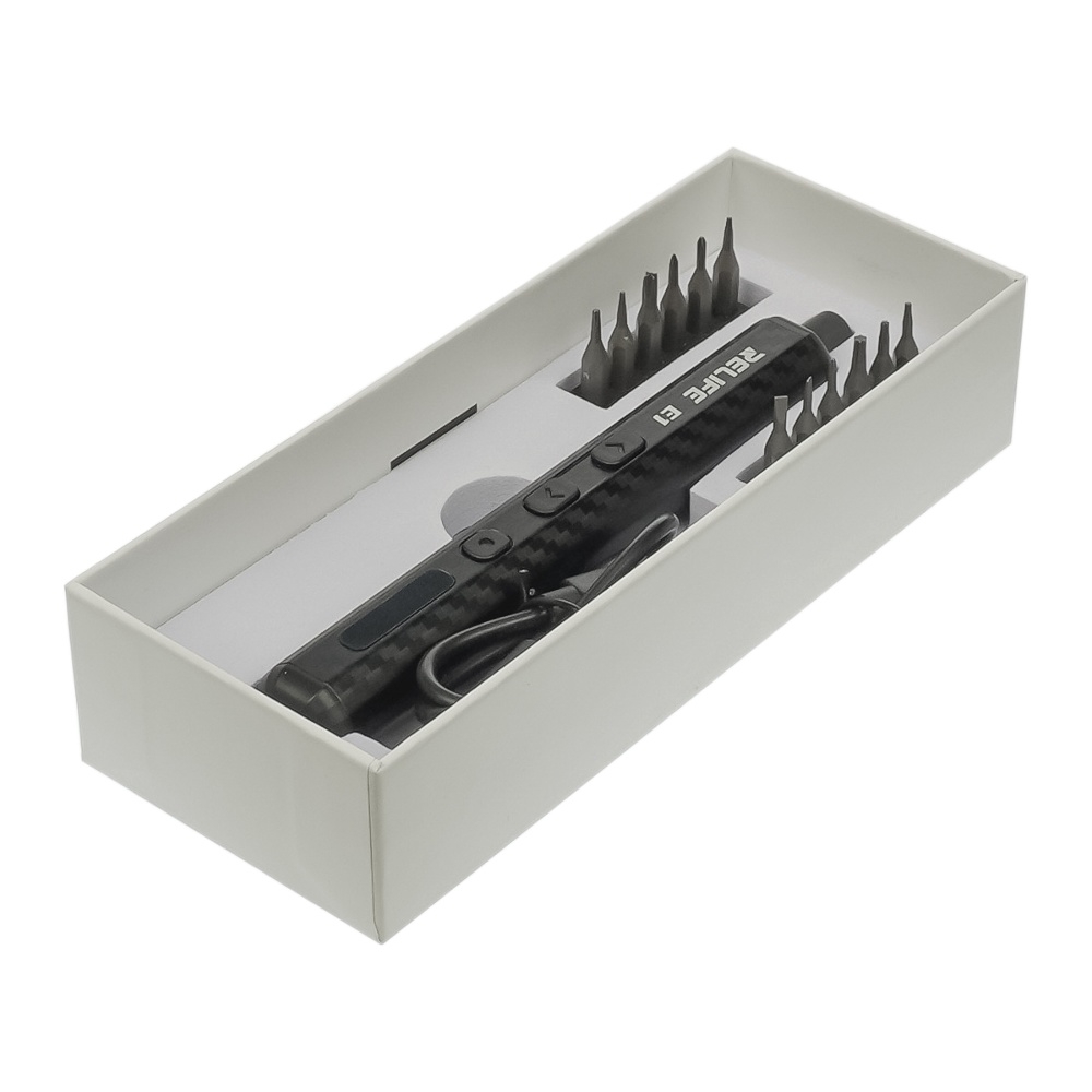 Аккумуляторная отвёртка Relife E1 Carbon c LED подсветкой и регулировкой крутящего момента (12 бит, USB-Type-C)