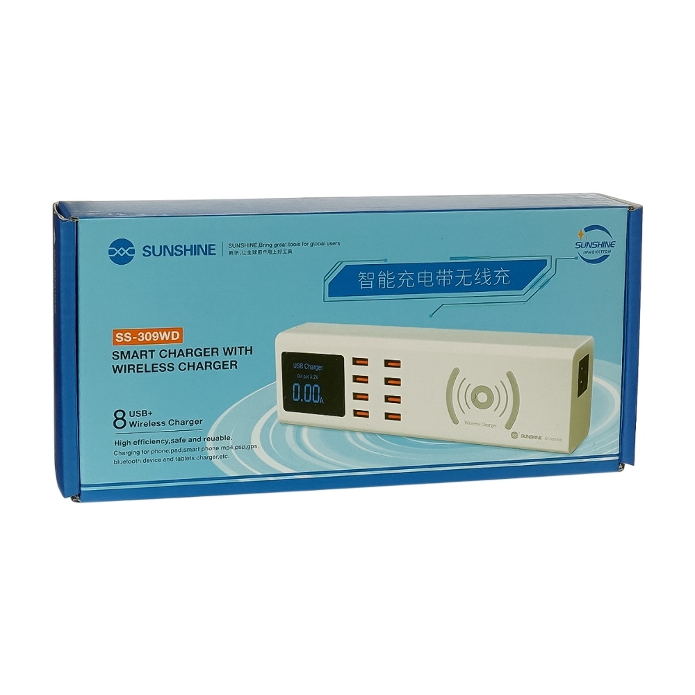 Зарядная станция с индикацией параметров зарядки Sunshine SS-309WD 40W (8 USB 5V/ 1A/ Wireless charging 10W)