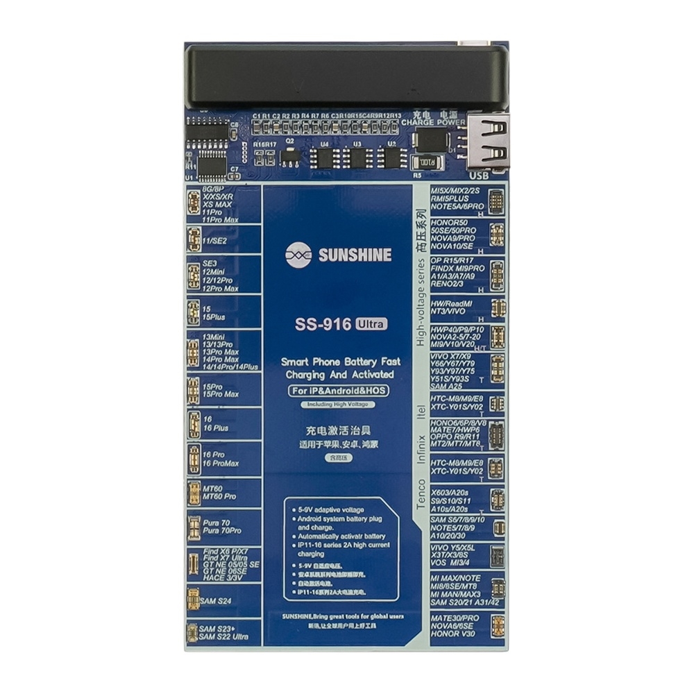 Плата активации и зарядки аккумуляторов Sunshine SS-916 Ultra цифр. инд. (8G-16 PM, HUA, OPPO, VIVO, MI, HTC, SAM; кабели Type-C/ USB A/ штеккеры БП)
