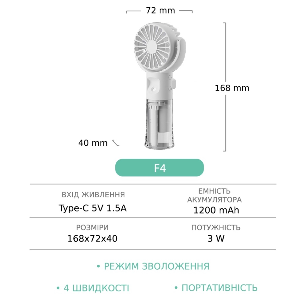 Ручной беспроводной вентилятор F4 с функцией увлажнения white