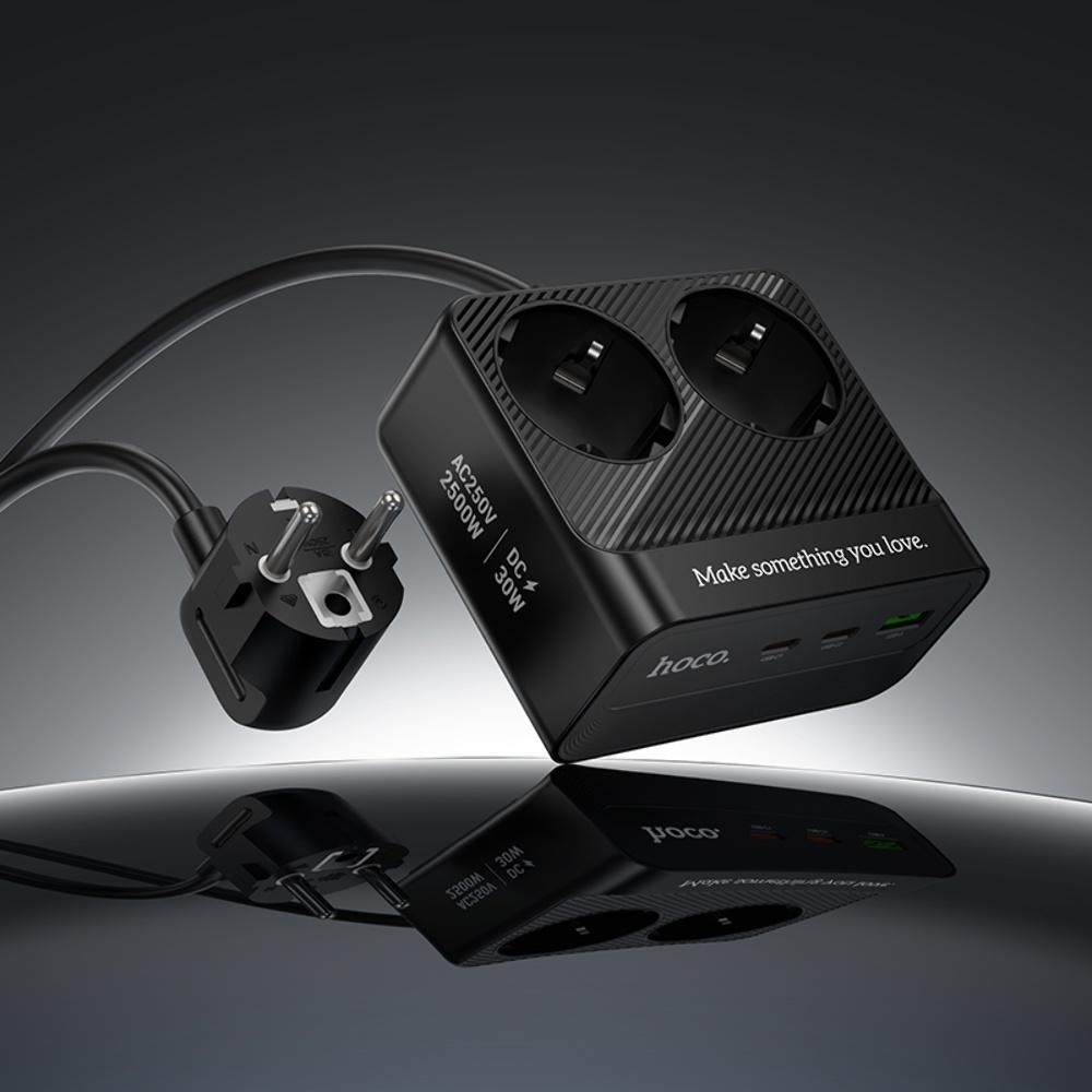 Сетевое зарядное устройство удлинитель Hoco AC27 USB/ 2 Type-C PD 30W 2 розетки 2m black