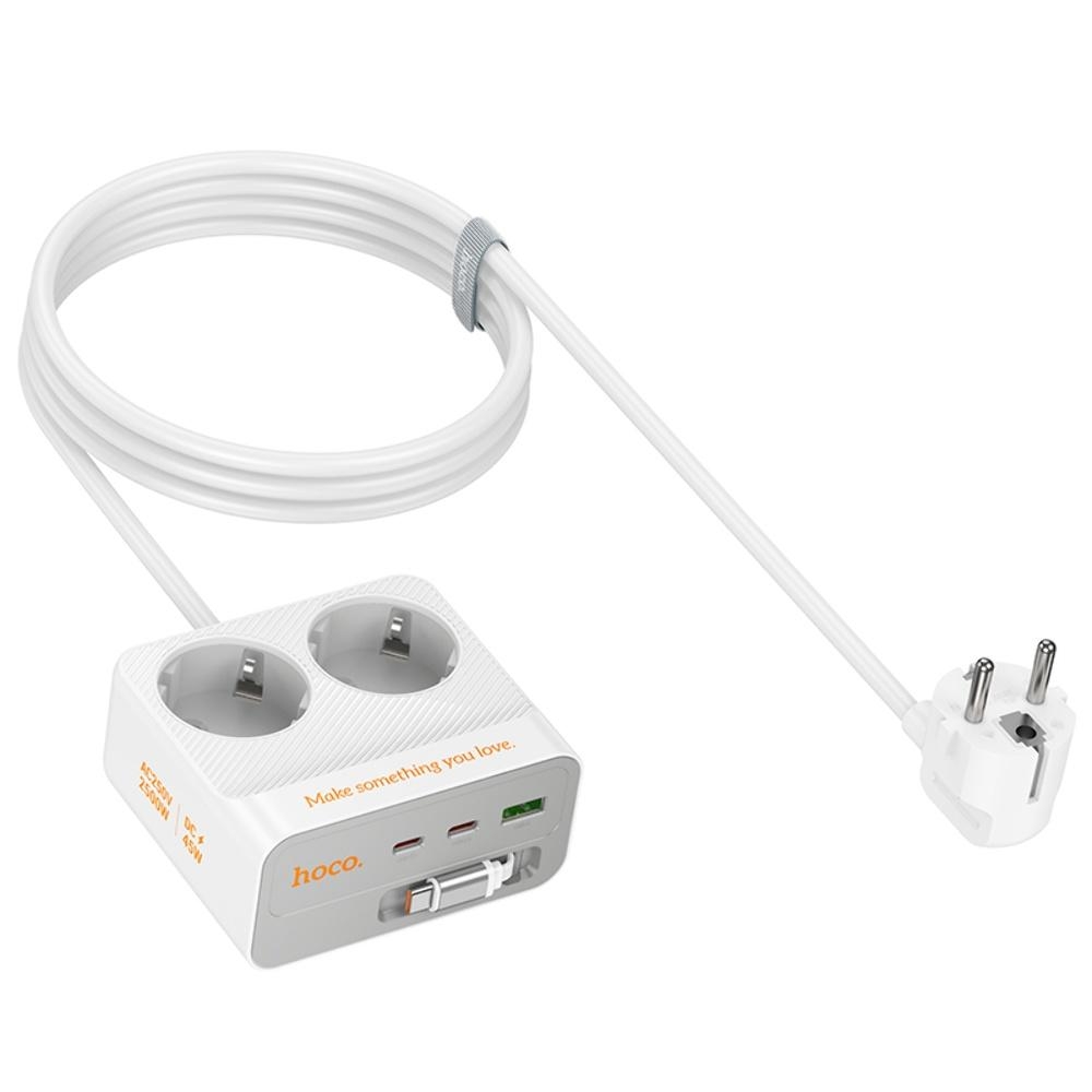 Сетевое зарядное устройство удлинитель Hoco AC28 USB/ 3 Type-C PD 45W 2 розетки 2m white