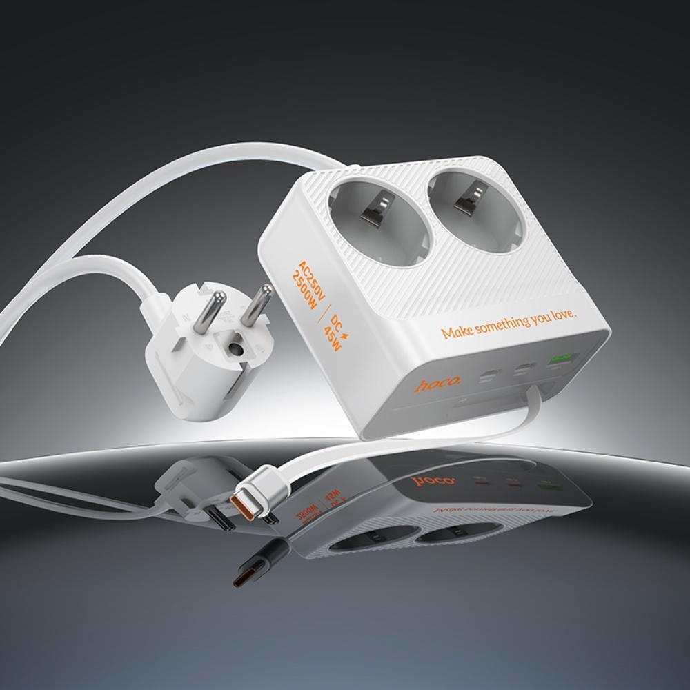 Сетевое зарядное устройство удлинитель Hoco AC28 USB/ 3 Type-C PD 45W 2 розетки 2m white