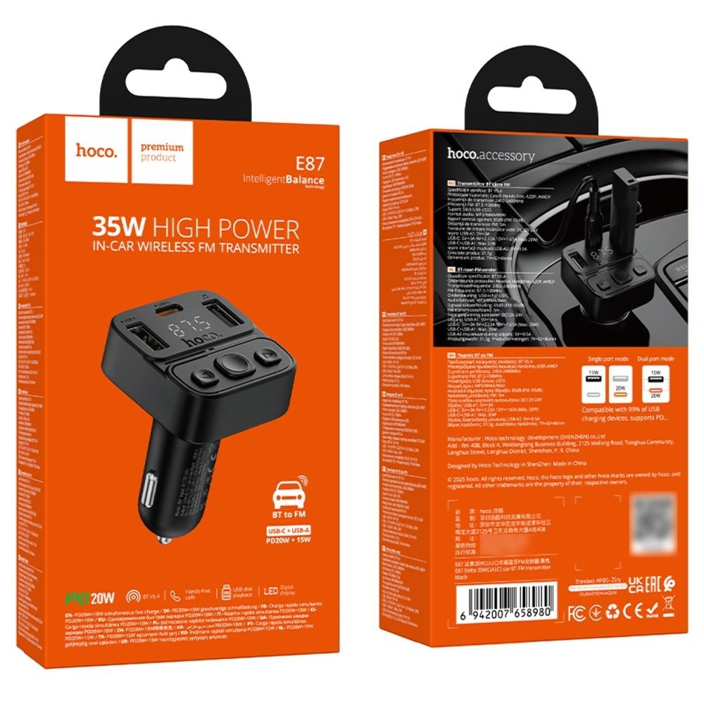 Автомобильное зарядное устройство Hoco E87 USB/ Type-C 35W c дисплеем и FM-модулятором black