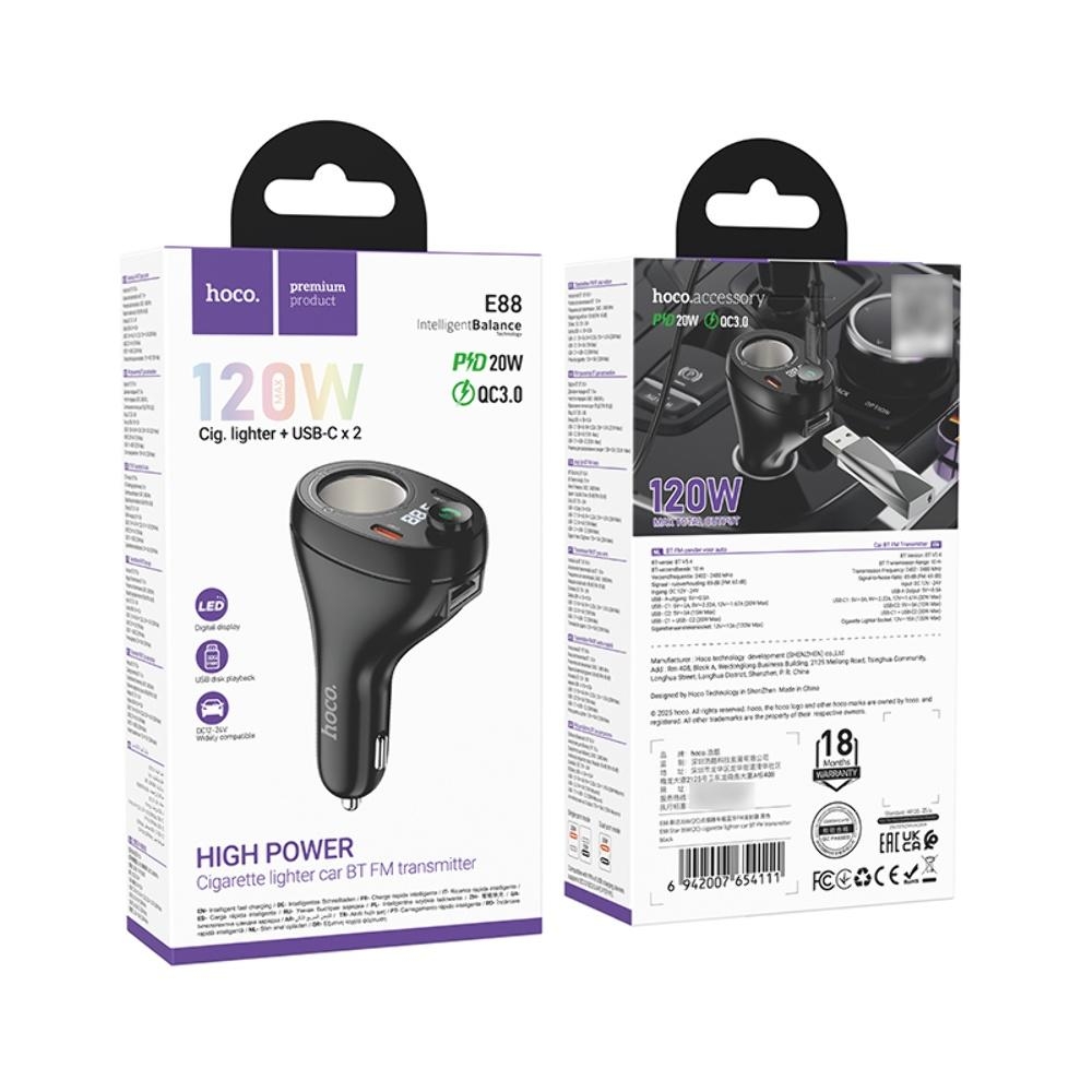Автомобильное зарядное устройство Hoco E88 2 Type-C 35W c дисплеем и FM-модулятором black
