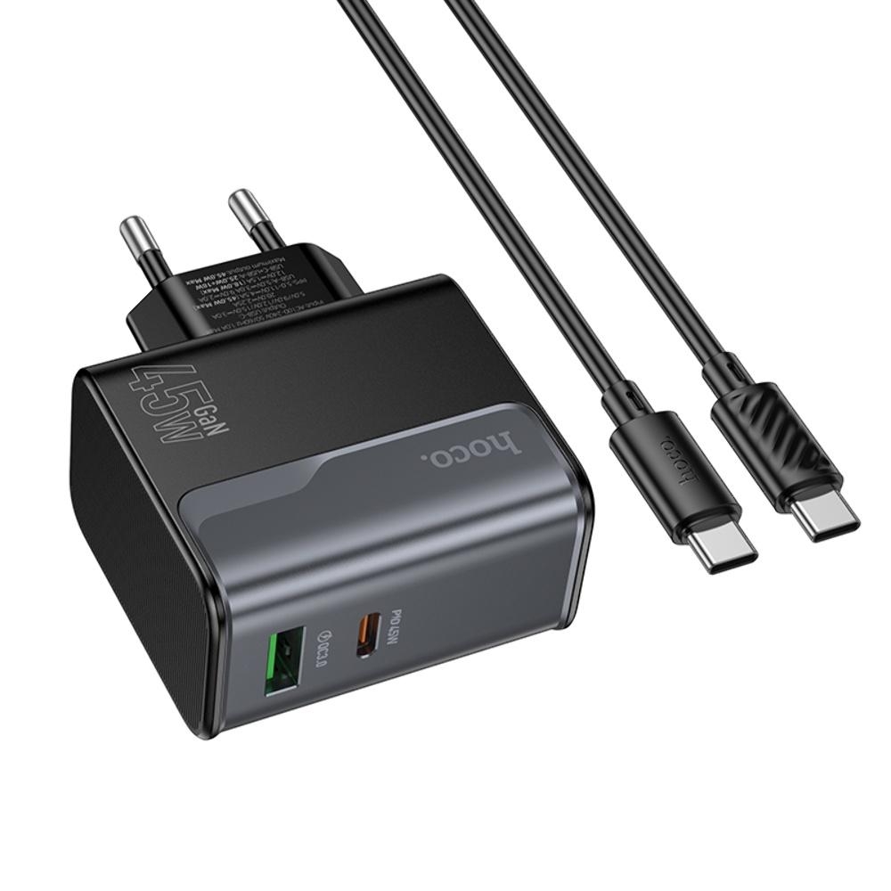 Сетевое зарядное устройство Hoco CS74A USB/ Type-C PD 45W QC midnight black + кабель Type-C to Type-C