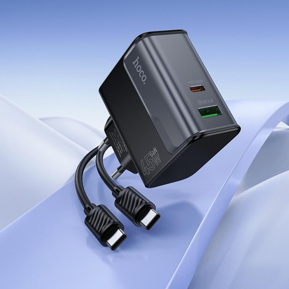 Сетевое зарядное устройство Hoco CS74A USB/ Type-C PD 45W QC midnight black + кабель Type-C to Type-C