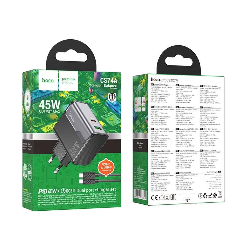 Сетевое зарядное устройство Hoco CS74A USB/ Type-C PD 45W QC midnight black + кабель Type-C to Type-C