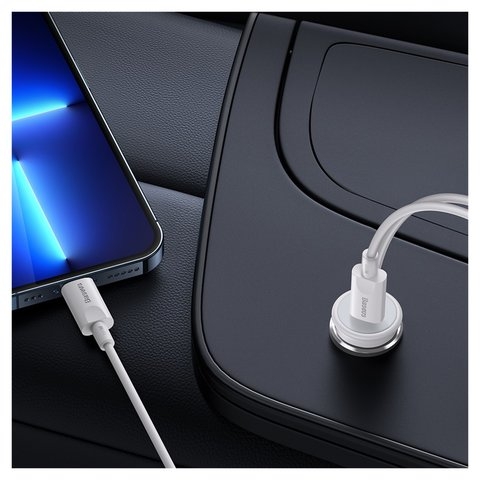 Автомобильний зарядний пристрій Baseus CW01 Magnetic, белое, с кнопкой, c кабелем, 40 Вт, 1 порт, 12-24 B, #SUCX040102  | зарядка, зарядное устройство