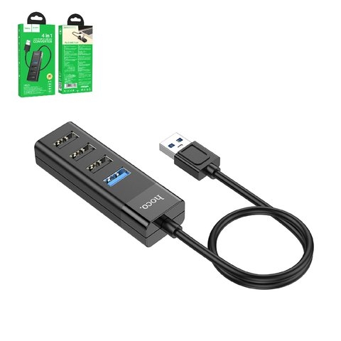 USB-хаб Hoco HB25, USB тип-A, USB 3.0 тип-A, 30 см, чорний, 4 порта, #6931474762412