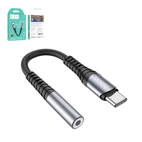 Адаптер Hoco LS33, поддерживает функции микрофона, в нейлоновой оплетке, USB тип-C, TRRS 3.5 мм, сірий, #6931474761163