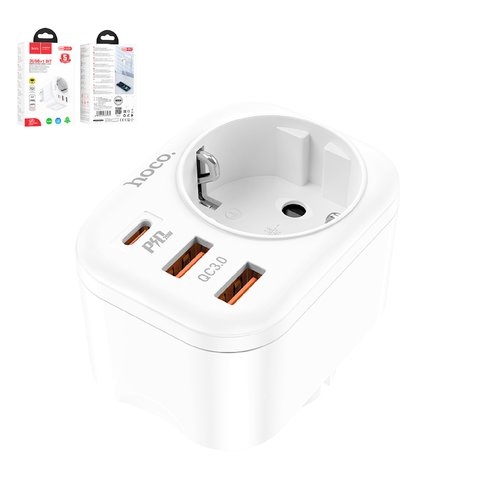 Сетевое зарядное устройство Hoco NS3, 20 Вт, Power Delivery (PD), білий, с розеткой, 3 порта, #6931474766175