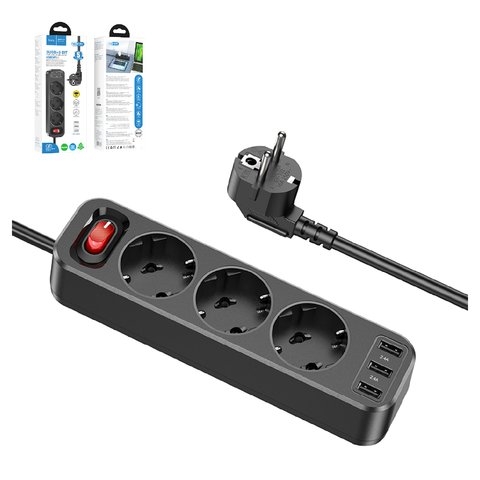 Сетевое зарядное устройство Hoco NS2, чорний, с розеткой, 3 порта, #6931474765161