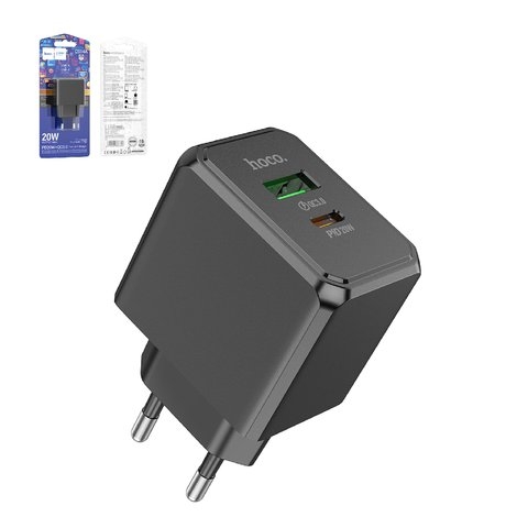Сетевое зарядное устройство Hoco CS14A, 20 Вт, Power Delivery (PD), чорний, 2 порта, #6942007603898