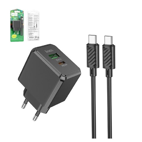 Сетевое зарядное устройство Hoco CS14A, 20 Вт, Power Delivery (PD), чорний, c кабелем USB тип-C к USB тип-C, 2 порта, #6942007603911