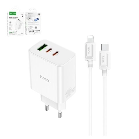 Сетевое зарядное устройство Hoco C126A, 40 Вт, Power Delivery (PD), білий, c кабелем USB тип-C к Lightning для Apple, 3 порта, #6931474798732