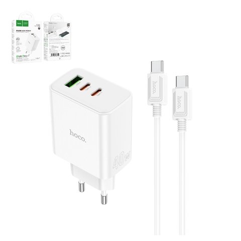 Сетевое зарядное устройство Hoco C126A, 40 Вт, Power Delivery (PD), білий, c кабелем USB тип-C к USB тип-C, 3 порта, #6931474798749