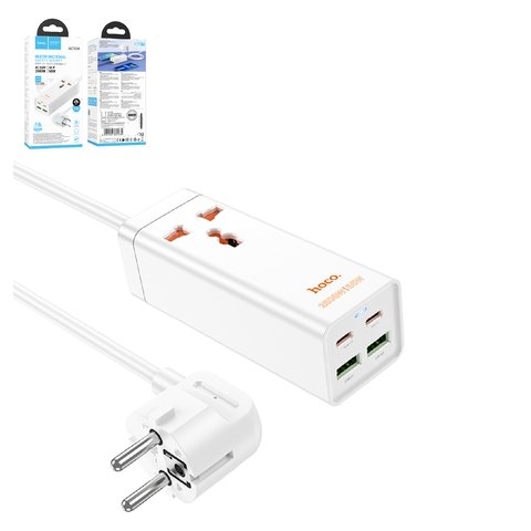 Сетевое зарядное устройство Hoco AC10A, Power Delivery (65 Вт), білий, с розеткой, 4 порта, GaN, #6942007601689