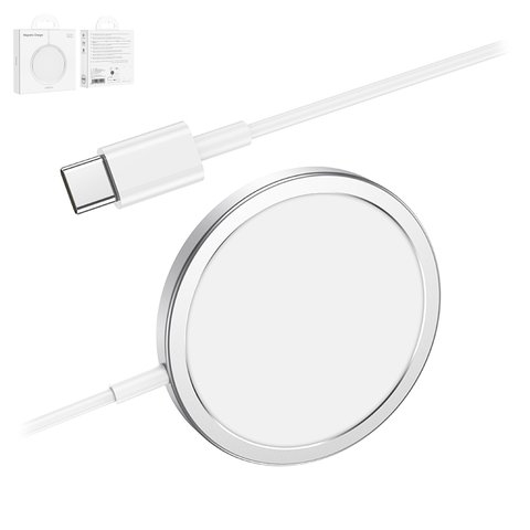 Бездротовий зарядний пристрій Hoco CW30 Pro, Power Delivery (PD), серебристое, USB тип-C, 15 Вт, магнитное, MagSafe, #6931474744036 | беспроводное зарядное устройство