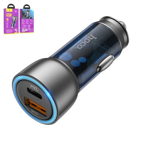 Автомобильний зарядний пристрій Hoco NZ8, синее, Power Delivery (PD), 43 Вт, 2 порта, 12-24 B, #6931474782717 | зарядка, зарядное устройство