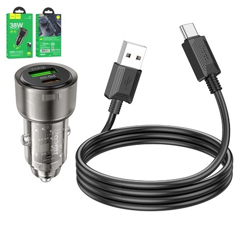 Автомобильний зарядний пристрій Hoco Z52, черное, Power Delivery (PD), с USB кабелем тип-C, 38 Вт, 2 порта, 12-24 B, #6942007601788 | зарядка, зарядное устройство