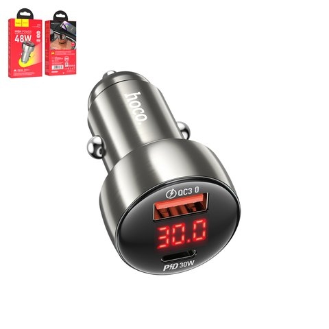 Автомобильний зарядний пристрій Hoco Z50, серое, Power Delivery (PD), с дисплеем, 30 Вт, 2 порта, 12-24 B, #6931474798756 | зарядка, зарядное устройство
