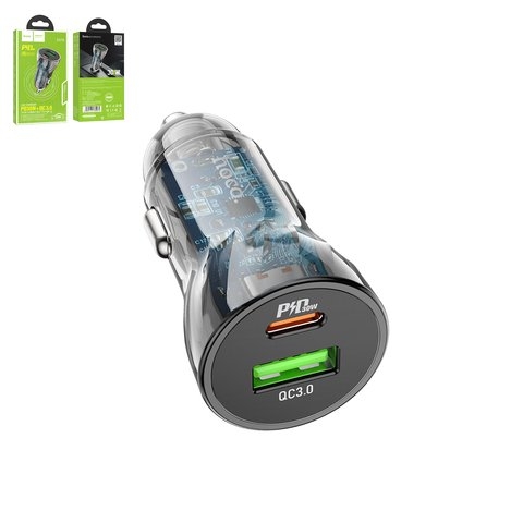 Автомобильний зарядний пристрій Hoco Z47A, черное, Power Delivery (PD), 30 Вт, 2 порта, 12-24 B, #6931474782274 | зарядка, зарядное устройство