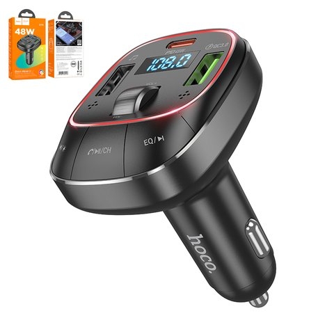 FM-трансмиттер Hoco E76, чорний, с дисплеем, Type-C, 3 порта, 48 Вт, Power Delivery (PD), 12-24 B, #6942007600248