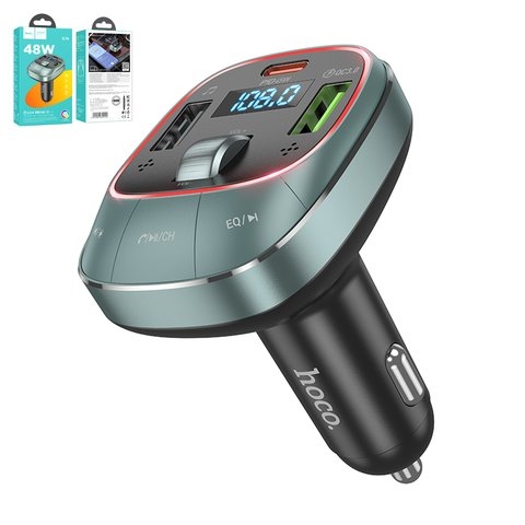 FM-трансмиттер Hoco E76, сірий, с дисплеем, Type-C, 3 порта, 48 Вт, Power Delivery (PD), 12-24 B, #6942007600255