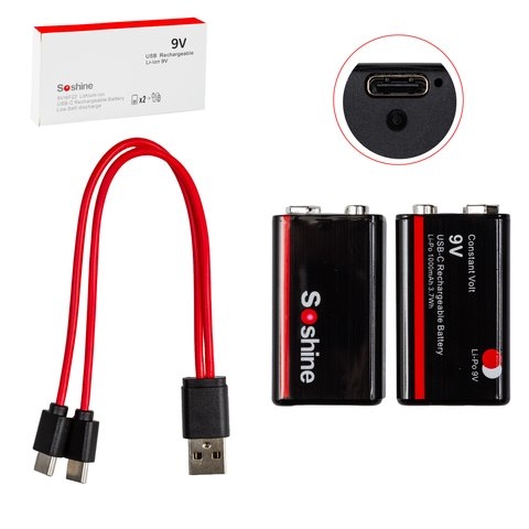 Акумулятор крона Soshine 6F22, 9 B, 2 шт., c кабелем, (3700mWh), заряджається від USB Type-C | 3-12 міс. гарантії | АКБ, батарея, аккумулятор