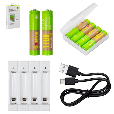 Акумулятор AAA Soshine AAA/HR03, 1,5 B, Li-ion, 4 шт., с зарядным устройством, (1100mWh) | АКБ, батарея, аккумулятор