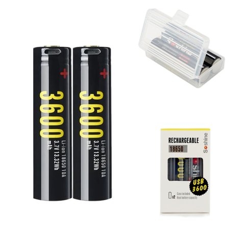 Акумулятор 18650 Soshine, 3600 mAh, 3,7 В, Li-ion, 2 шт., с защитой, в боксе, c кабелем, заряджається від micro USB Type-B | АКБ, батарея, аккумулятор