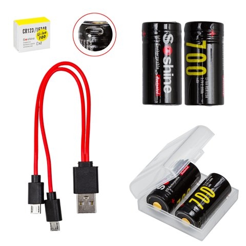 Акумулятор CR123 Soshine CR123/16340, 3,7 В, 700 mAh, Li-ion, 2 шт., с защитой, в боксе, c кабелем, заряджається від micro USB Type-B | АКБ, батарея, аккумулятор
